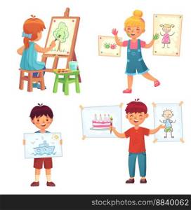 Drawing children, kid illustrator. Chill boys and girls painting and holding pictures. Character sitting on chair and painting tree on canvas with brush and watercolors. Little artists vector set. Drawing children, kid illustrator. Chill boys and girls painting and holding pictures. Character sitting on chair