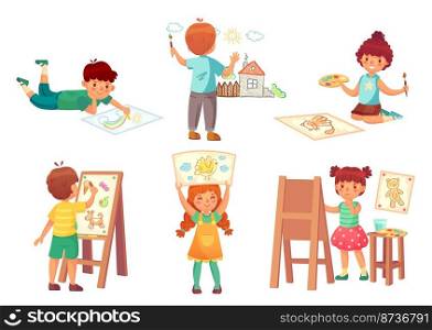 Drawing children, kid illustrator. Little boys and girls painting home, rainbow and cat with watercolors and crayons on canvas. Kindergarten characters having hobby or activity isolated vector set. Drawing children, kid illustrator.Little boys and girls painting home, rainbow and cat with watercolors and crayons