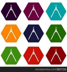 Drawing compass icon set many color hexahedron isolated on white vector illustration. Drawing compass icon set color hexahedron