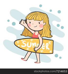 drawing cute happy surfer girl holding summer surfboard flat vector