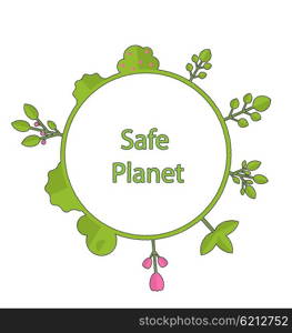 Drawing doodle frame in form circle green earth on surface tree, plant, flower and bush intro cry text safe planet - vector