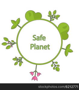 Drawing doodle frame in form circle green earth on surface tree, plant, flower and bush intro cry text safe planet - vector