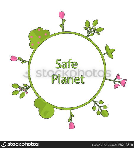 Drawing doodle frame in form circle green earth on surface tree, plant, flower and bush intro cry text safe planet - vector