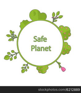 Drawing doodle frame in form circle green earth on surface tree, plant, flower and bush intro cry text safe planet - vector