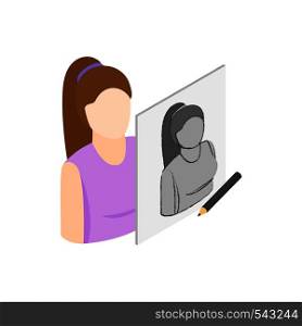 Drawing female portrait icon in isometric 3d style isolated on white background. Drawing and art symbol . Drawing female portrait icon, isometric 3d style