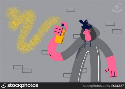 Drawing graffiti and street art concept. Young smiling boy cartoon character artist standing painting wall drawing with yellow color making graffiti vector illustration . Drawing graffiti and street art concept