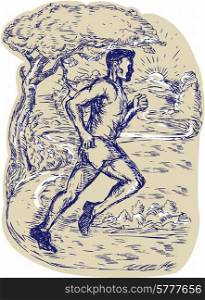 Drawing illustration of a marathon runner running viewed from the side with road trees mountain sun in the background. . Marathon Runner Running Drawing