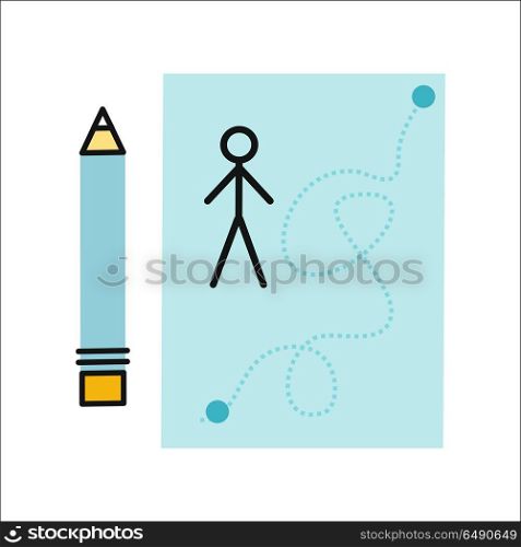 Drawing in Pencil on Sheet Paper.. Drawing in pencil on sheet paper. Sheet paper with drawn little man. Sheet paper with pencil. Design element, icon in flat. Isolated object on white background. Vector illustration.