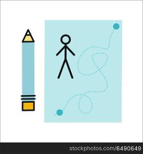 Drawing in Pencil on Sheet Paper.. Drawing in pencil on sheet paper. Sheet paper with drawn little man. Sheet paper with pencil. Design element, icon in flat. Isolated object on white background. Vector illustration.