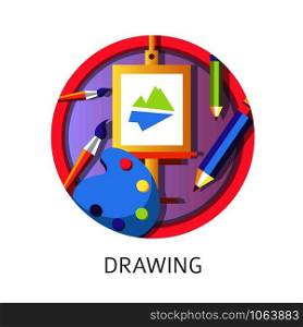 Drawing lessons at school, creativity courses of painting pictures with paints vector. Easel with painting of nature landscape, mountains and water, training in arts, university and school subject. Drawing lessons at school, creativity courses of painting pictures