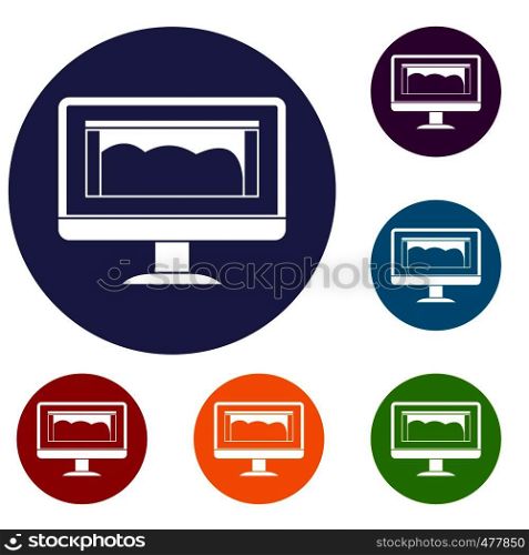Drawing monitor icons set in flat circle red, blue and green color for web. Drawing monitor icons set