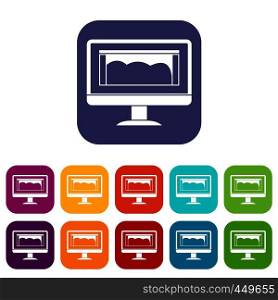 Drawing monitor icons set vector illustration in flat style In colors red, blue, green and other. Drawing monitor icons set flat
