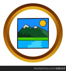 Drawing mountain landscape vector icon in golden circle, cartoon style isolated on white background. Drawing mountain landscape vector icon