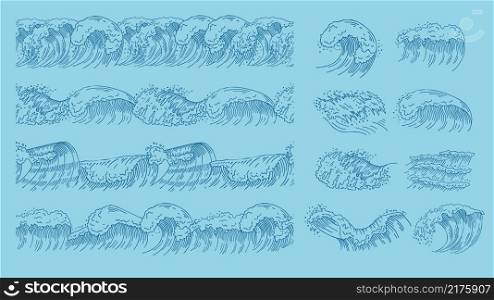 Drawing ocean waves. Seamless pattern or border wave and elements. Sea or water sketch draw, decorative wild nature vector collection. Illustration seamless ocean storm, swirl ornamental line. Drawing ocean waves. Seamless pattern or border wave and elements. Sea or water sketch draw, decorative wild nature vector collection