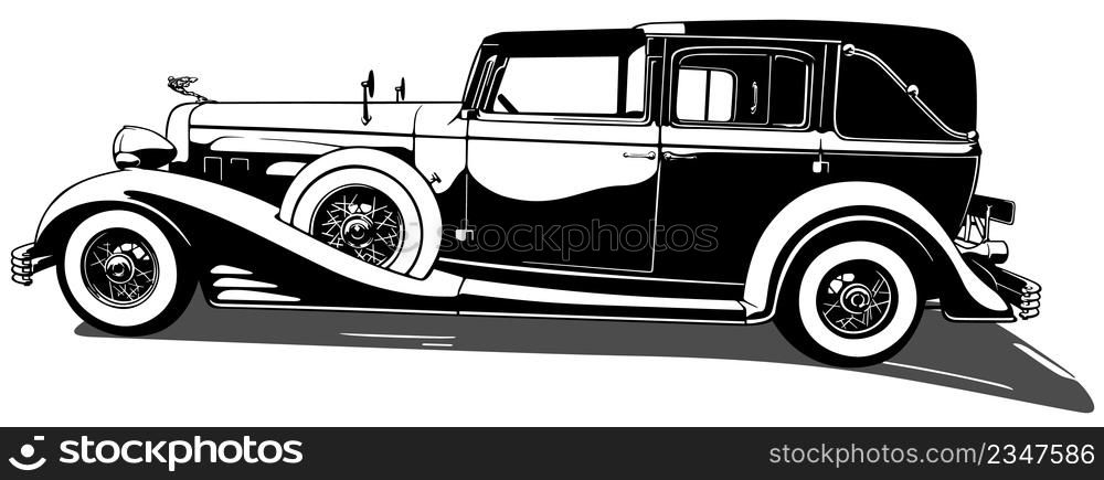 Drawing of a 1930s Cadillac V16 Vintage Car - Black and White Illustration Isolated on White Background, Vector