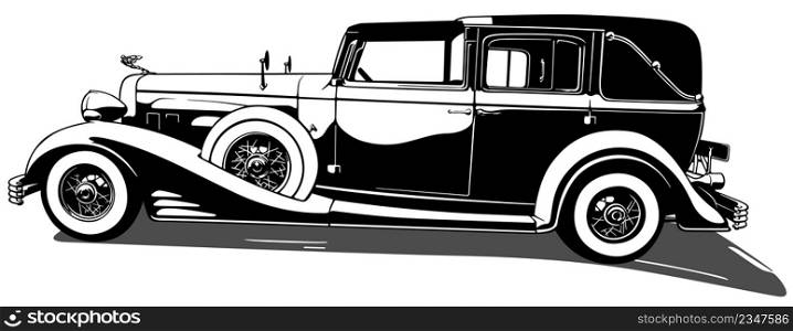 Drawing of a 1930s Cadillac V16 Vintage Car - Black and White Illustration Isolated on White Background, Vector