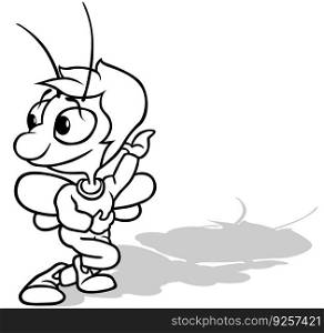 Drawing of a Beetle with a Turned Head and a Raised Hand - Cartoon Illustration Isolated on White Background, Vector
