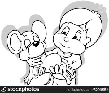 Drawing of a Black-haired Boy Holding a Sleeping Mouse on his Hands - Cartoon Illustration Isolated on White Background, Vector