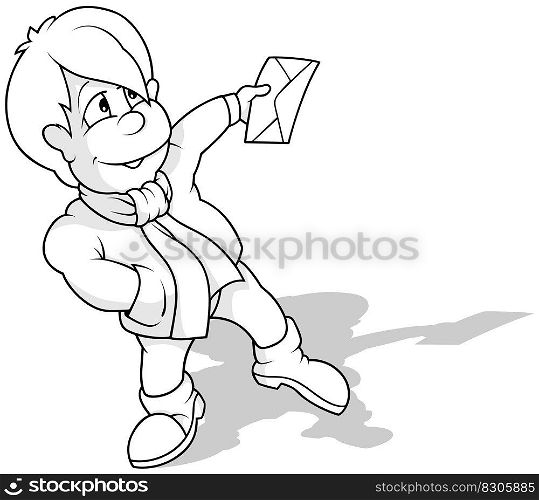Drawing of a Boy in Winter Clothes Holding a Mail Envelope - Cartoon Illustration Isolated on White Background, Vector