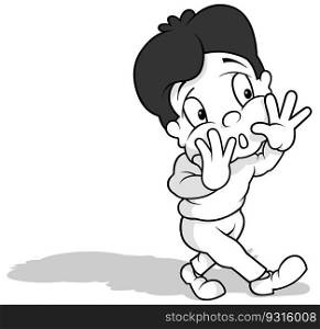 Drawing of a Boy Shouting and Looking for Someone - Cartoon Illustration Isolated on White Background, Vector