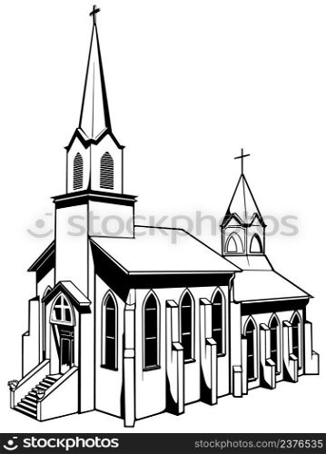 Drawing of a Christian Brick Church - Black Illustration Isolated on White Background, Vector
