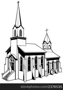 Drawing of a Christian Brick Church - Black Illustration Isolated on White Background, Vector