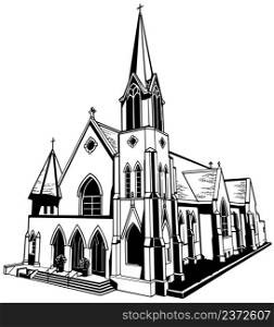 Drawing of a Christian Brick Church from the Front View - Black Illustration Isolated on White Background, Vector