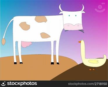 drawing of a cow and goose, vector art illustration; more drawings in my gallery