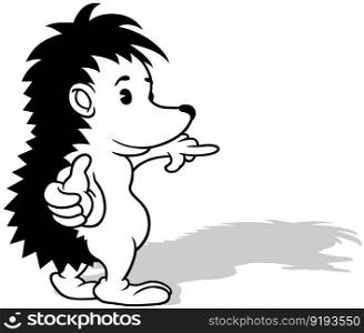 Drawing of a Cute Hedgehog Pointing a Finger from Side View - Cartoon Illustration Isolated on White Background, Vector