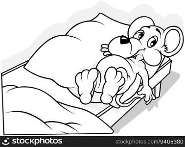 Drawing of a Cute Tired Mouse Lying in Bed - Cartoon Illustration Isolated on White Background, Vector