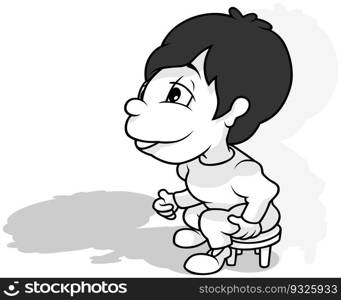 Drawing of a Dark Haired Boy Sitting on a Stool - Cartoon Illustration Isolated on White Background, Vector