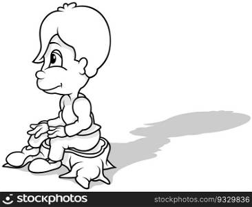 Drawing of a Dark Haired Boy Sitting on a Tree Stump - Cartoon Illustration Isolated on White Background, Vector