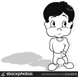 Drawing of a Dark-haired Boy with his Hand in his Pocket - Cartoon Illustration Isolated on White Background, Vector