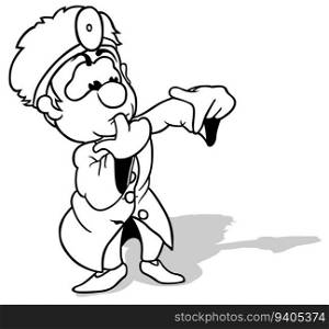 Drawing of a Doctor in a White Coat Pointing with his Hands - Cartoon Illustration Isolated on White Background, Vector