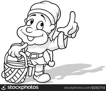 Drawing of a Dwarf Holding a Wicker Basket - Cartoon Illustration Isolated on White Background, Vector