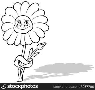 Drawing of a Flower with a Smiling Face and a Bud - Cartoon Illustration Isolated on White Background, Vector