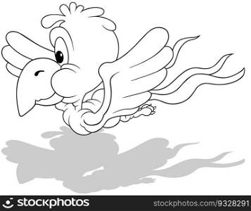 Drawing of a Flying Parrot from Side View - Cartoon Illustration Isolated on White Background, Vector