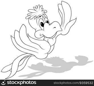 Drawing of a Flying Parrot with Outstretched Wings - Cartoon Illustration Isolated on White Background, Vector