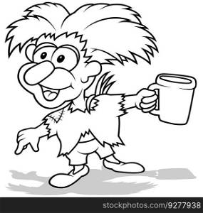 Drawing of a Forest Elf Holding a Mug - Cartoon Illustration Isolated on White Background, Vector