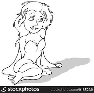 Drawing of a Forest Fairy Sitting on the Ground - Cartoon Illustration Isolated on White Background, Vector