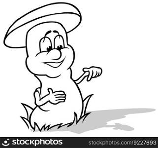 Drawing of a Forest Mushroom with a Cheerful Face in the Grass - Cartoon Illustration Isolated on White Background, Vector