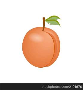 Drawing of a juicy peach on a white background with a green leaf. Fruits, vegetables, and berries. Vector illustration of a cartoon. Autumn fruit picking. Cafe logo, dessert and recipes.