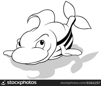 Drawing of a Marine Striped Fish Lying on its Belly - Cartoon Illustration Isolated on White Background, Vector