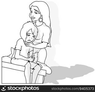 Drawing of a Mother Comforting a Sad Little Boy - Cartoon Illustration Isolated on White Background, Vector