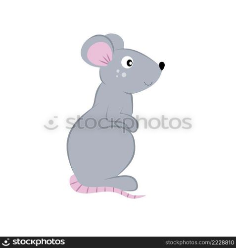 Drawing of a mouse isolated on a white background. Pets, rats and rodents, small animals from the zoo. Illustration for the cover of a children’s book, alphabet and cards with animals.
