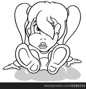 Drawing of a Ponytailed Little Girl Sitting on the Ground - Cartoon Illustration Isolated on White Background, Vector