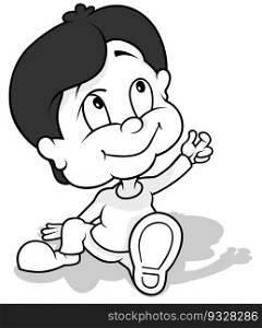 Drawing of a Sitting Dark-haired Boy on the Ground - Cartoon Illustration Isolated on White Background, Vector