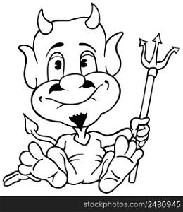 Drawing of a Sitting Devil with a Trident in his Hand - Cartoon Illustration Isolated on White Background, Vector