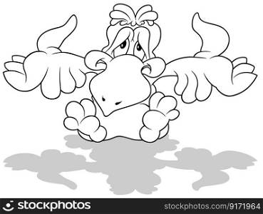 Drawing of a Sitting Grumpy Parrot with Outstretched Wings - Cartoon Illustration Isolated on White Background, Vector