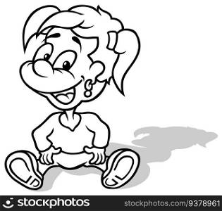 Drawing of a Sitting Little Girl with Ponytails - Cartoon Illustration Isolated on White Background, Vector
